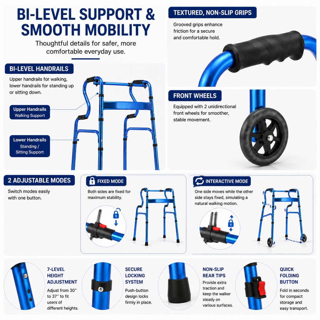 Heavy-Duty Folding Walker with Bi-Level Handrails – 440 lb Capacity