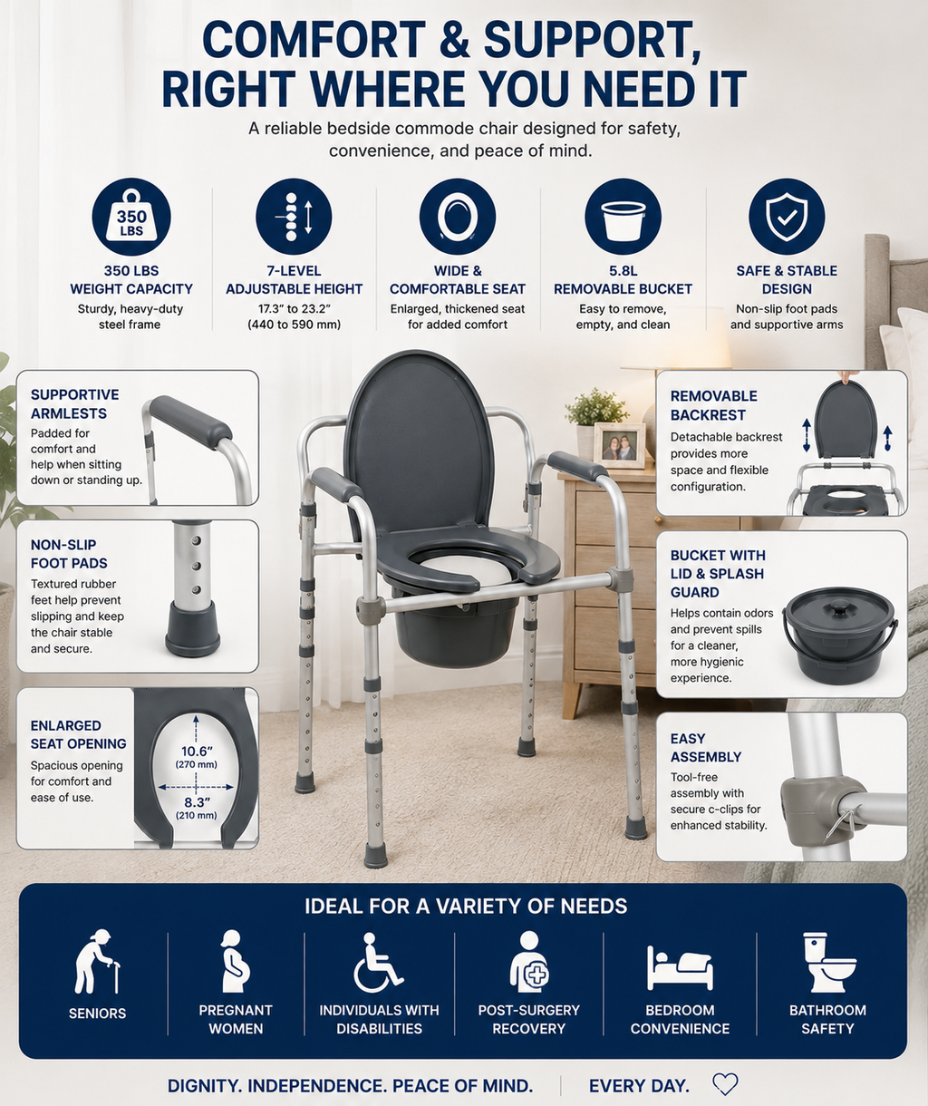 Adjustable Bedside Commode Chair – 350 lb Capacity