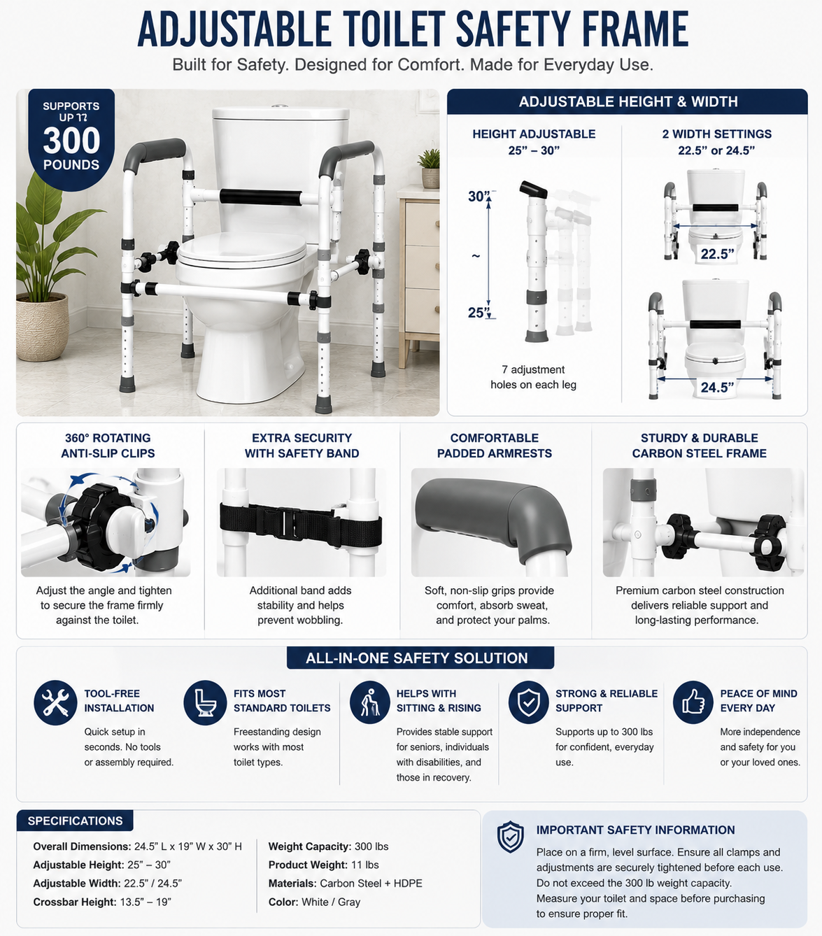Adjustable Toilet Safety Frame with Support Arms – 300 lb Capacity