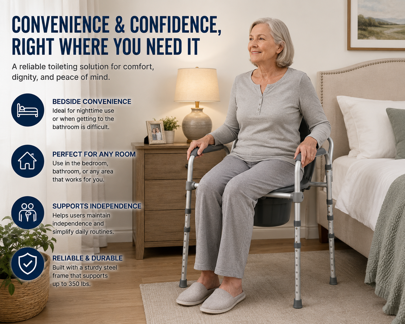 Adjustable Bedside Commode Chair – 350 lb Capacity