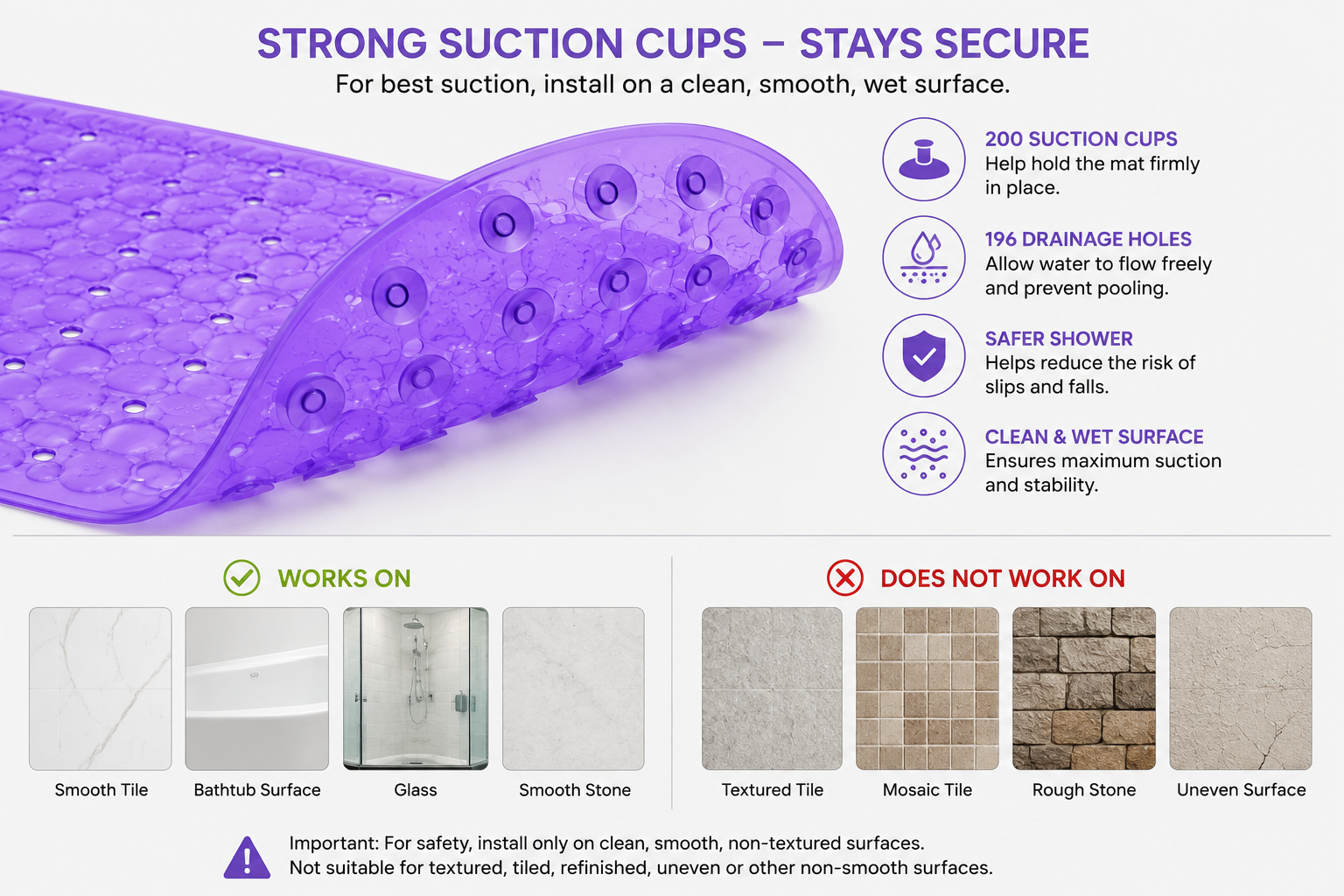 Extra-Long Non-Slip Bathtub Mat with Suction Cups