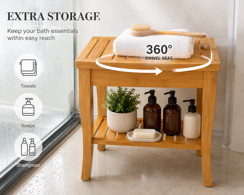 Bamboo Shower Bench with Storage Shelf – 220 lb Capacity