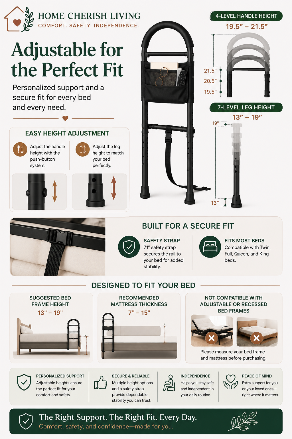 Adjustable Bedside Safety Rail with Storage Pouch