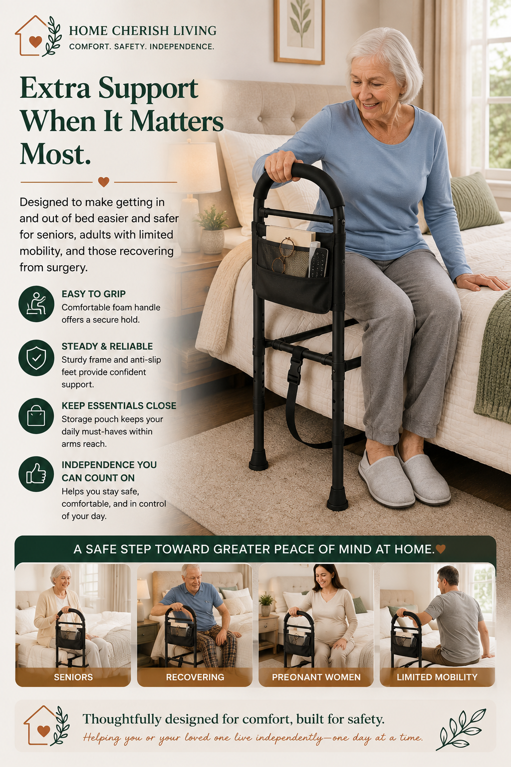 Adjustable Bedside Safety Rail with Storage Pouch