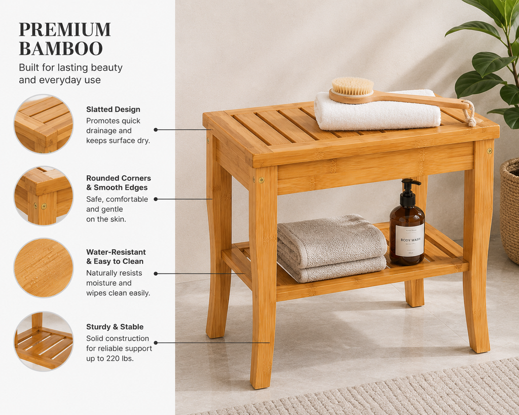 Bamboo Shower Bench with Storage Shelf – 220 lb Capacity