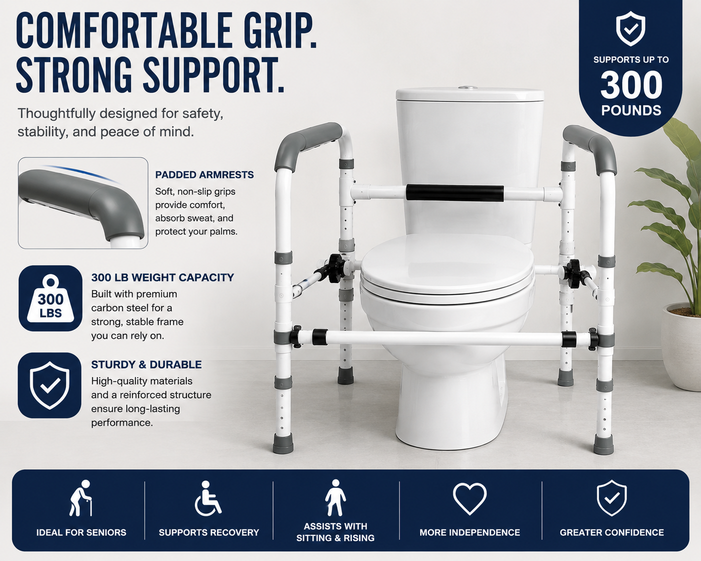 Adjustable Toilet Safety Frame with Support Arms – 300 lb Capacity