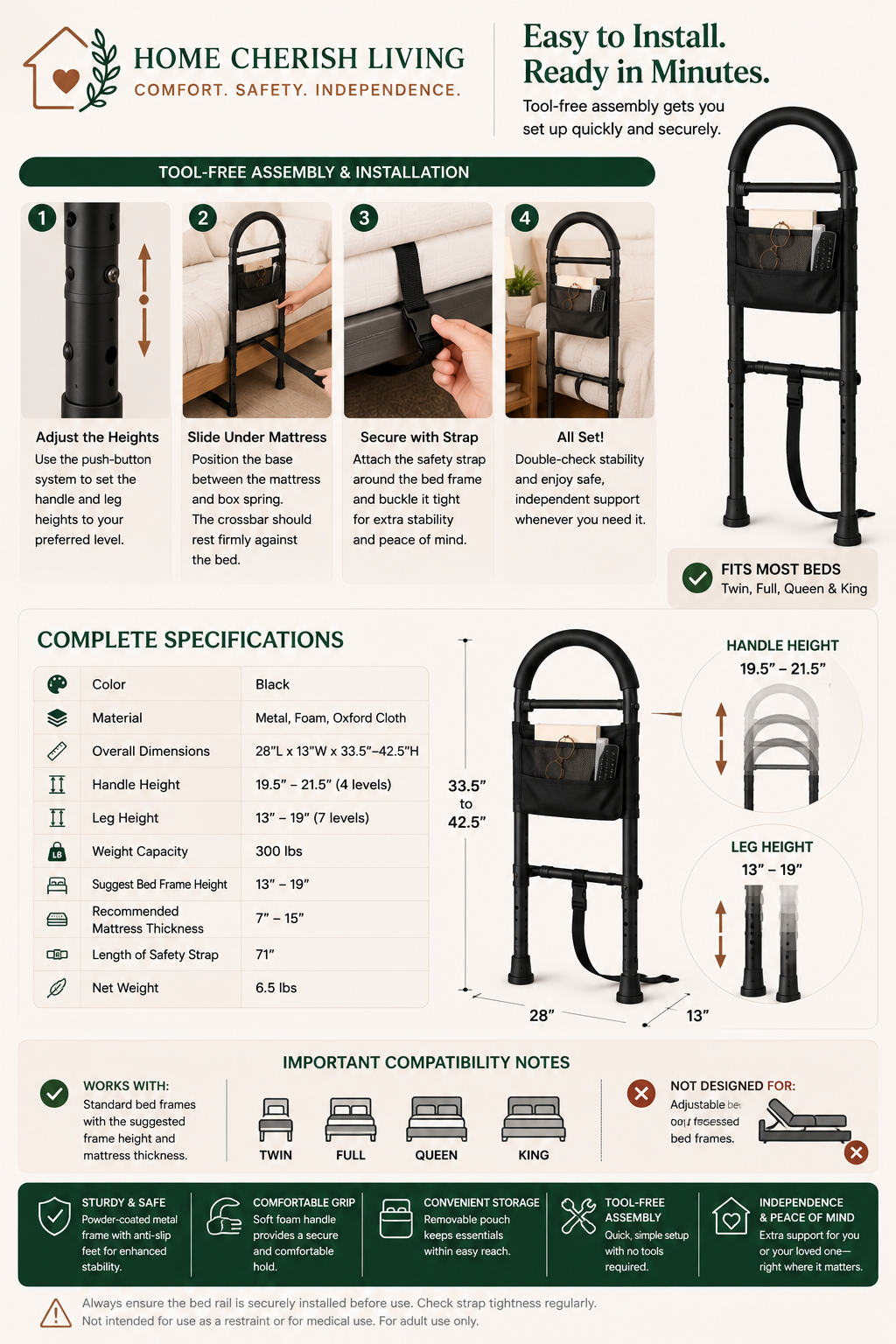 Adjustable Bedside Safety Rail with Storage Pouch
