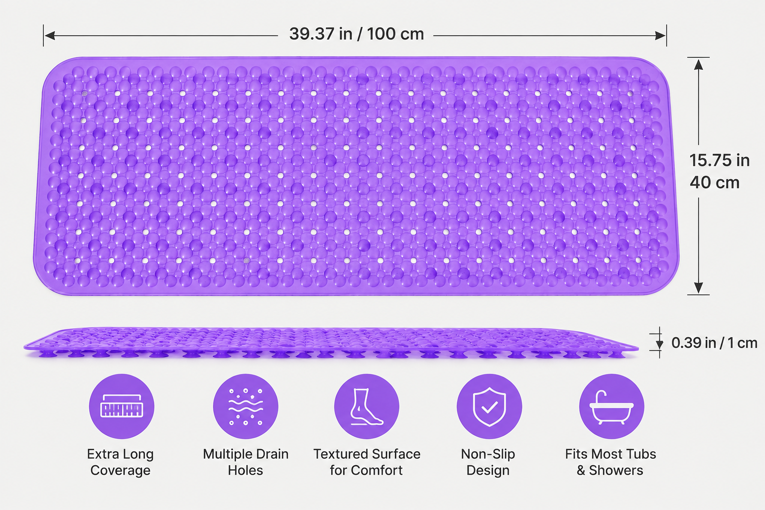 Extra-Long Non-Slip Bathtub Mat with Suction Cups