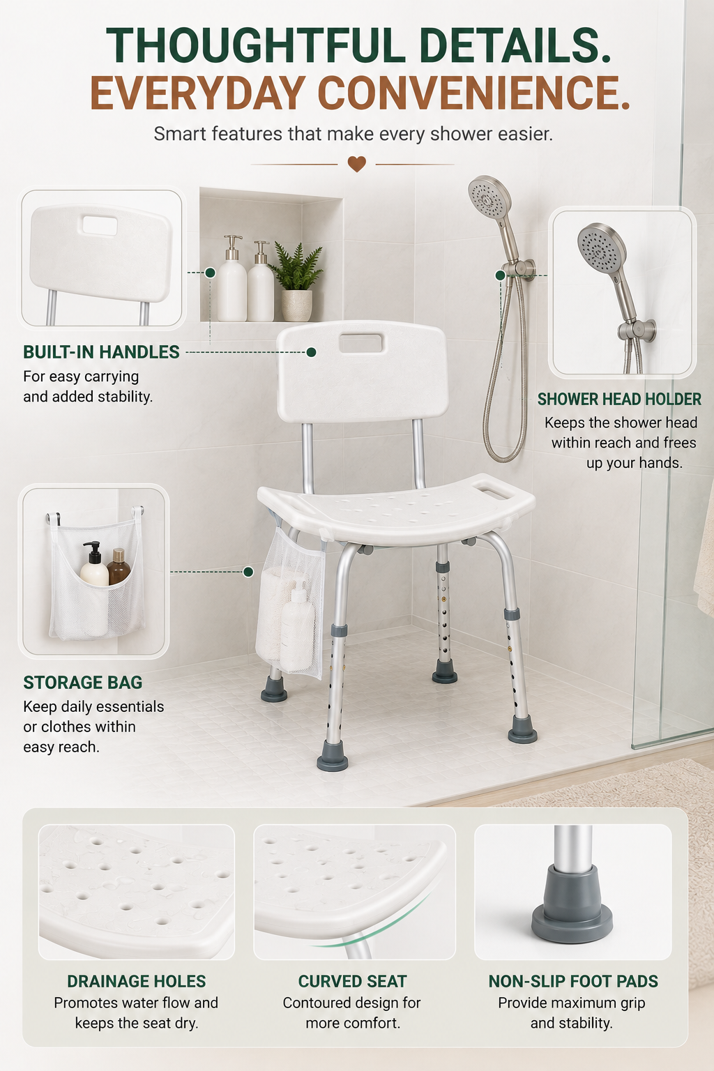 Adjustable Shower Chair with Back – 350 lb Capacity