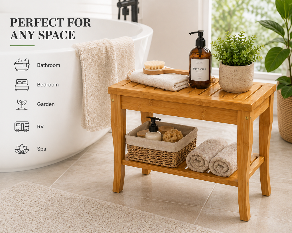 Bamboo Shower Bench with Storage Shelf – 220 lb Capacity
