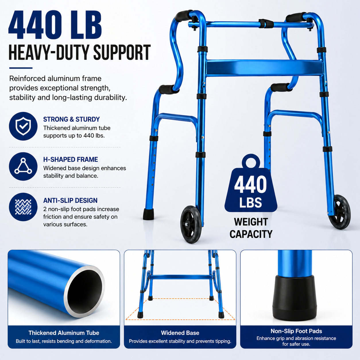 Heavy-Duty Folding Walker with Bi-Level Handrails – 440 lb Capacity