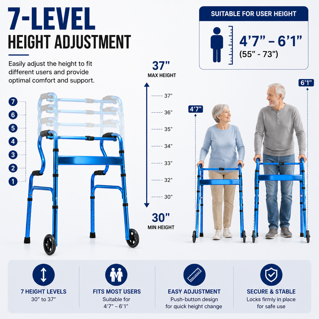 Heavy-Duty Folding Walker with Bi-Level Handrails – 440 lb Capacity