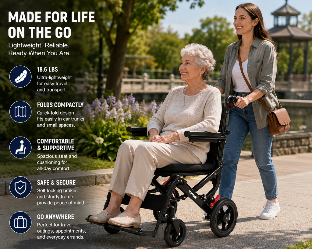 Ultra-Lightweight Folding Transport Wheelchair – 220 lb Capacity