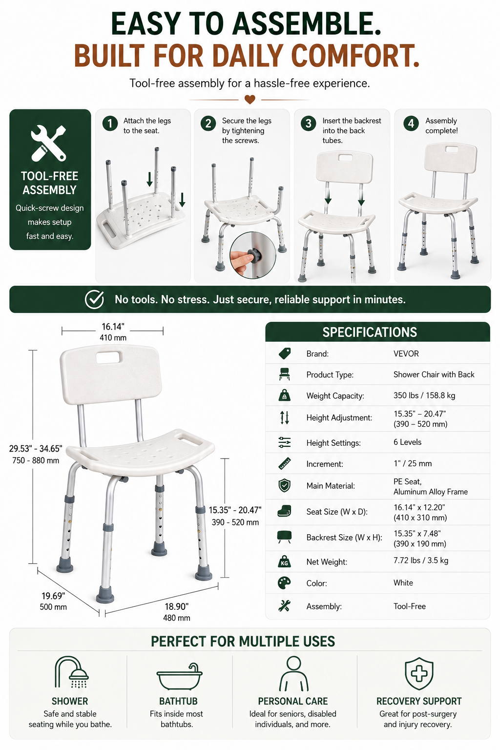 Adjustable Shower Chair with Back – 350 lb Capacity