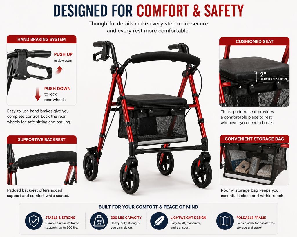 Lightweight All-Terrain Rollator Walker with Seat – 300 lb Capacity