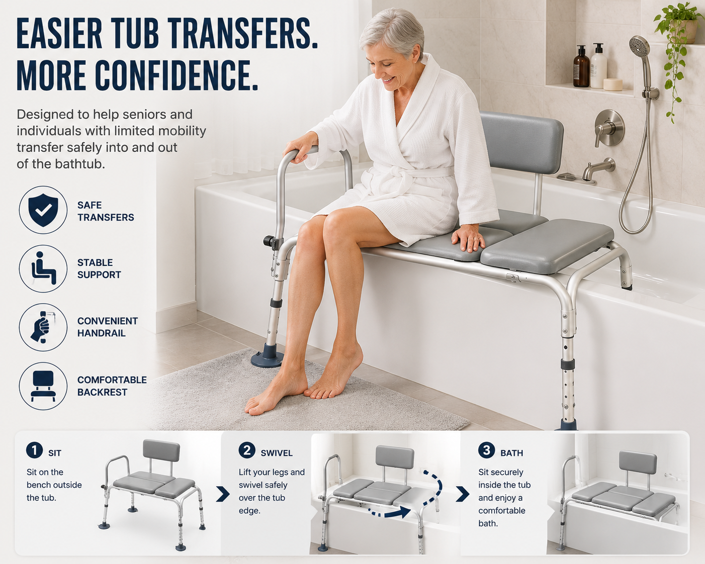 Heavy-Duty Tub Transfer Bench with Backrest – 500 lb Capacity