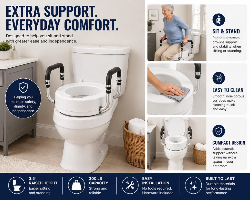 3.5” Raised Toilet Seat with Padded Support Arms – 300 lb Capacity