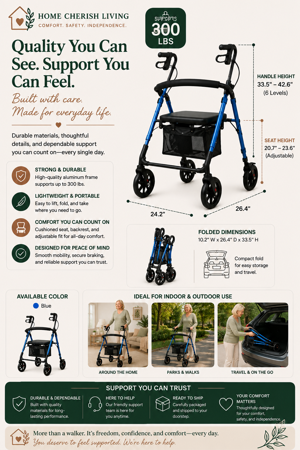 Lightweight All-Terrain Rollator Walker with Seat