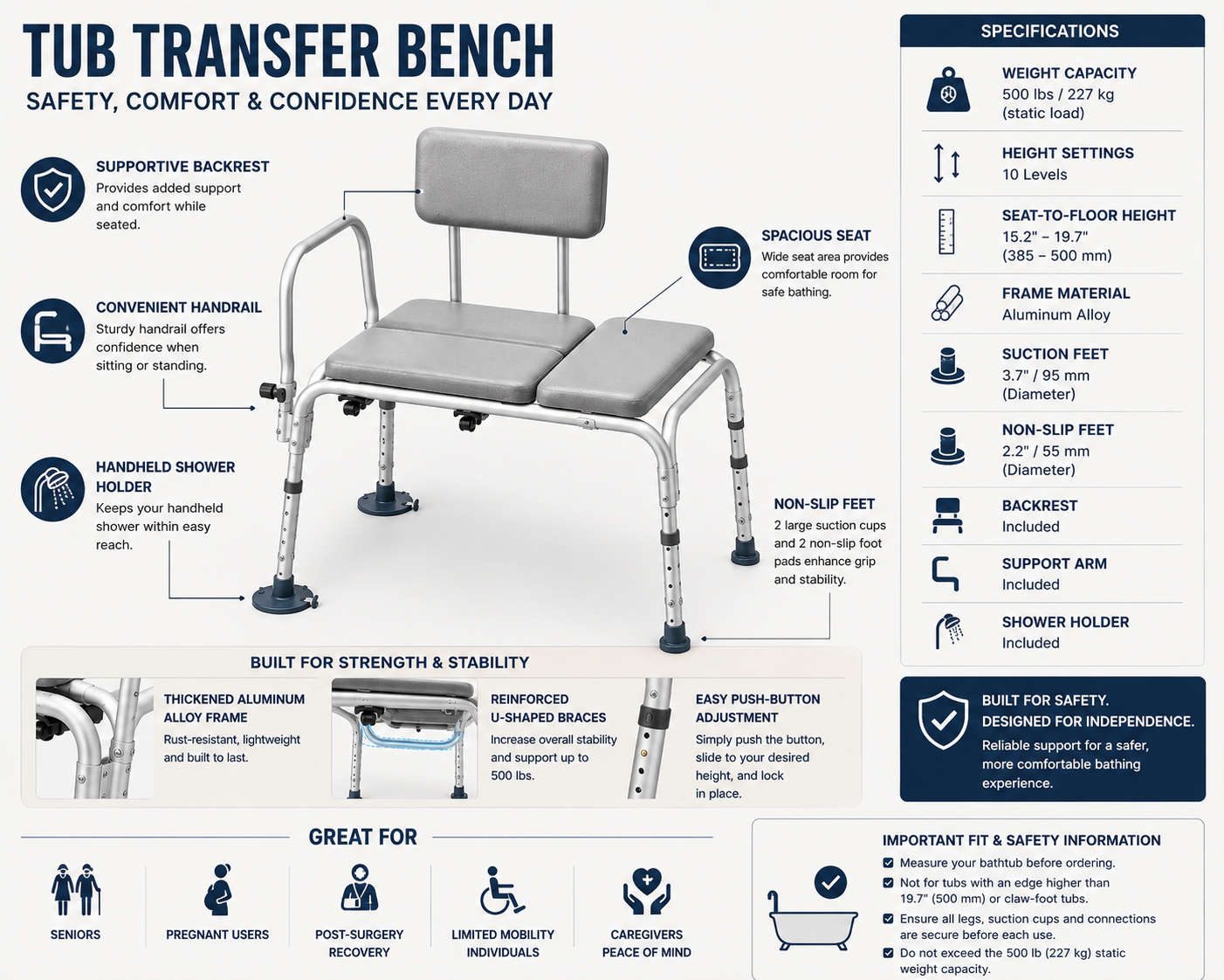 Heavy-Duty Tub Transfer Bench with Backrest – 500 lb Capacity