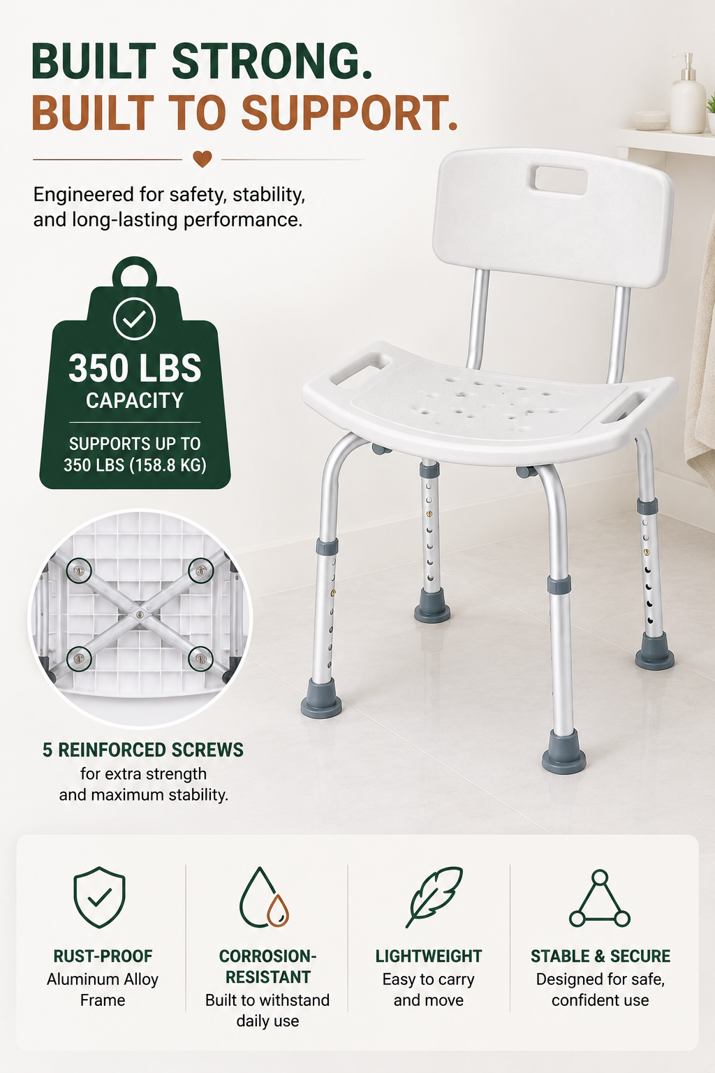 Adjustable Shower Chair with Back – 350 lb Capacity