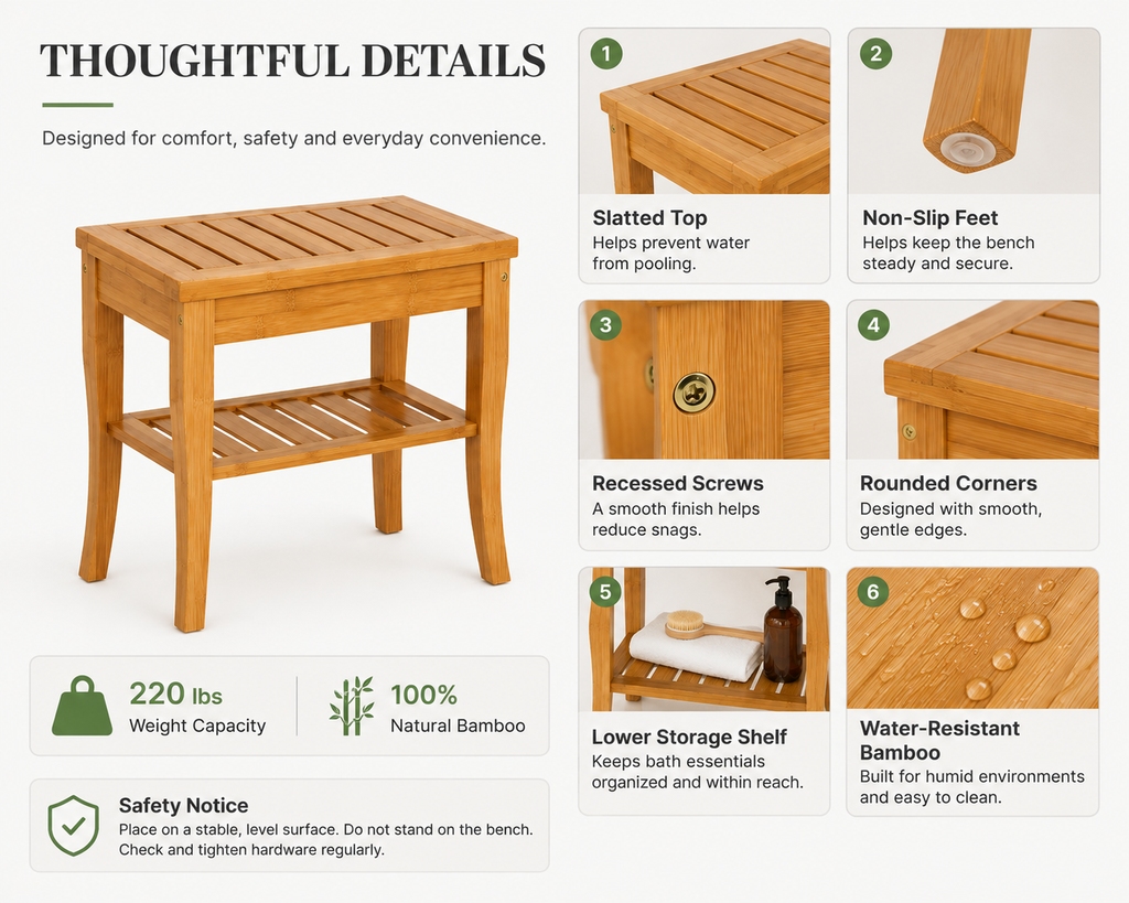 Bamboo Shower Bench with Storage Shelf – 220 lb Capacity