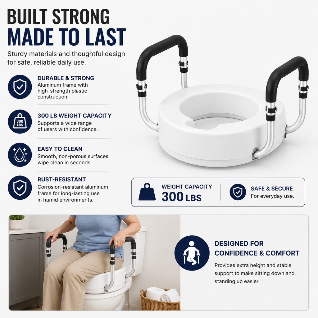 3.5” Raised Toilet Seat with Padded Support Arms – 300 lb Capacity
