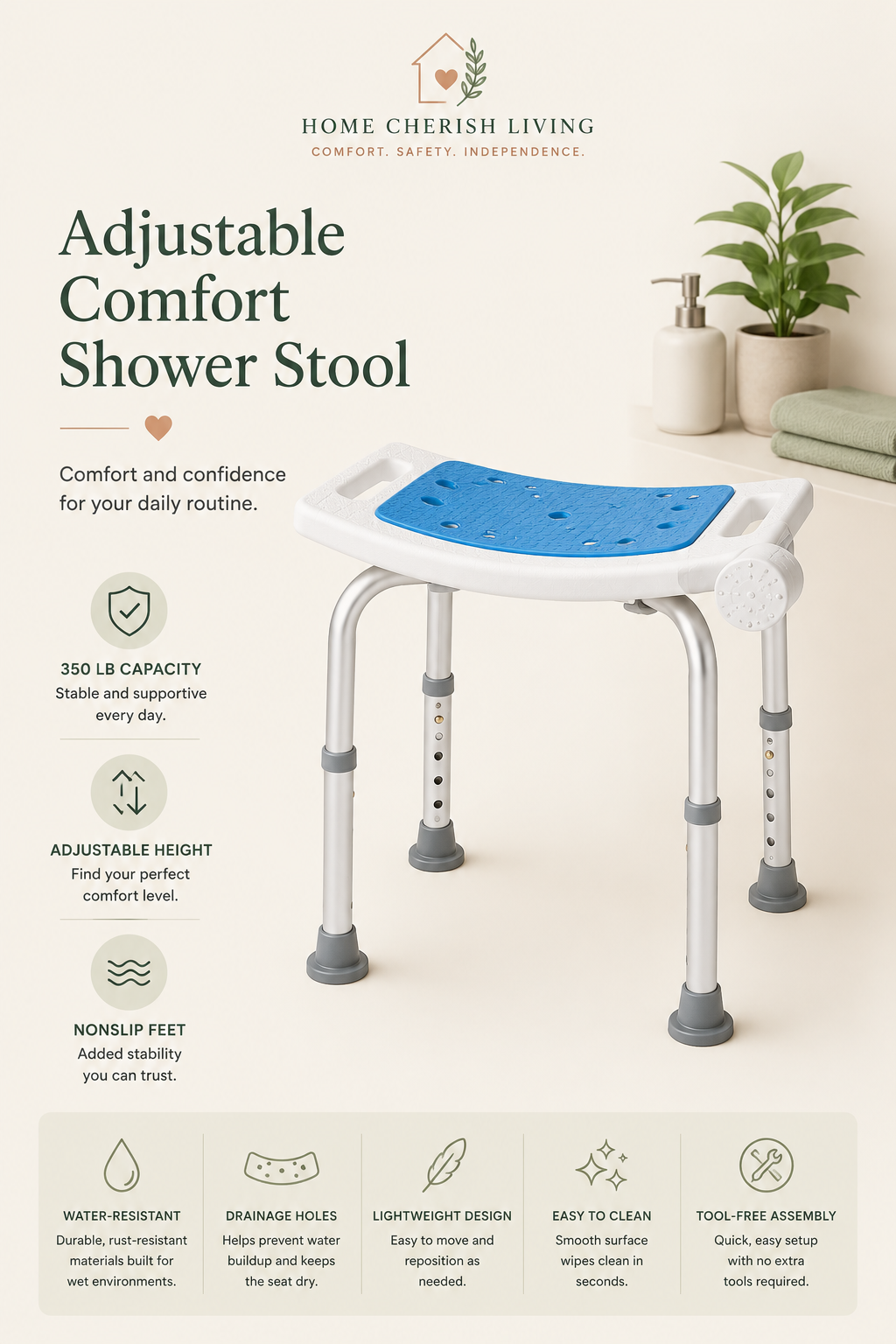 Adjustable Comfort Shower Stool – 350 lb Capacity