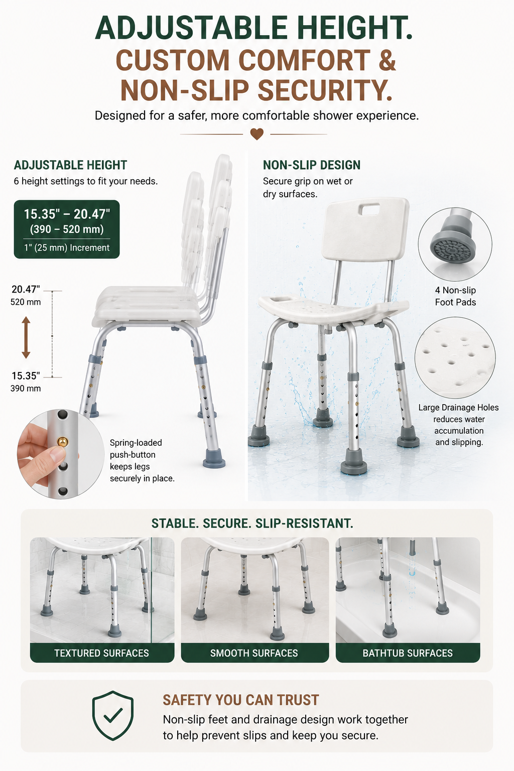 Adjustable Shower Chair with Back – 350 lb Capacity