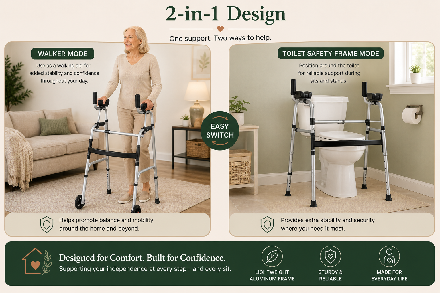 2-in-1 Folding Support Walker & Toilet Safety Frame