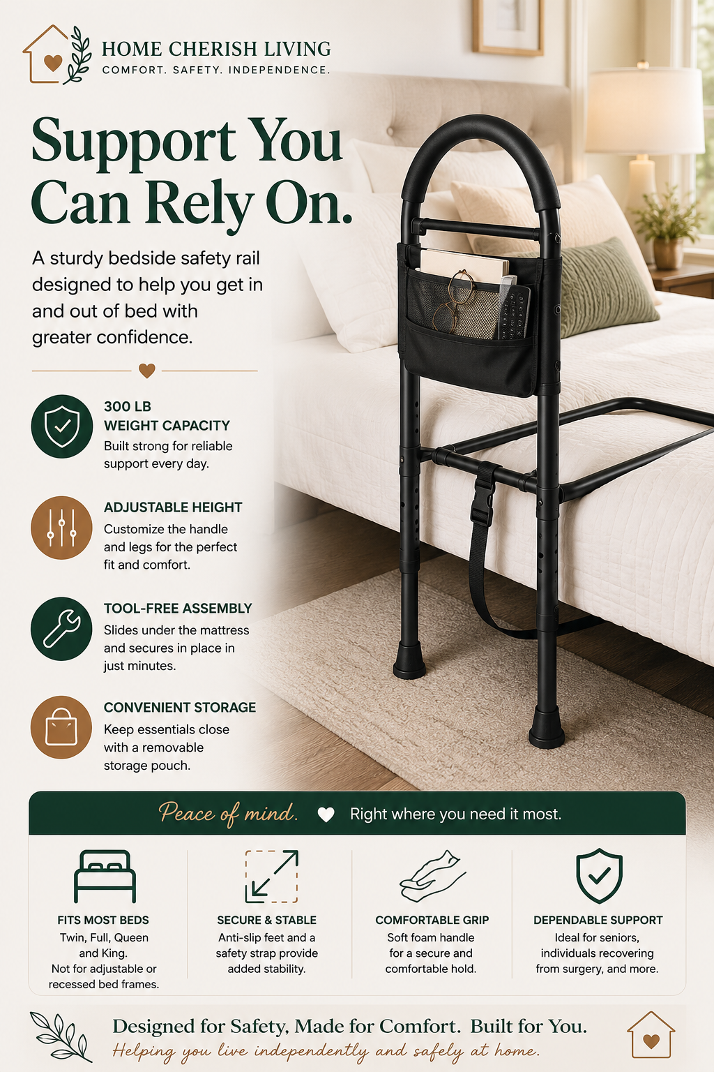 Adjustable Bedside Safety Rail with Storage Pouch