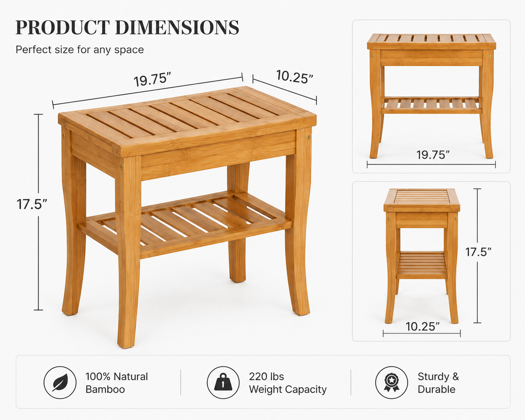 Bamboo Shower Bench with Storage Shelf – 220 lb Capacity