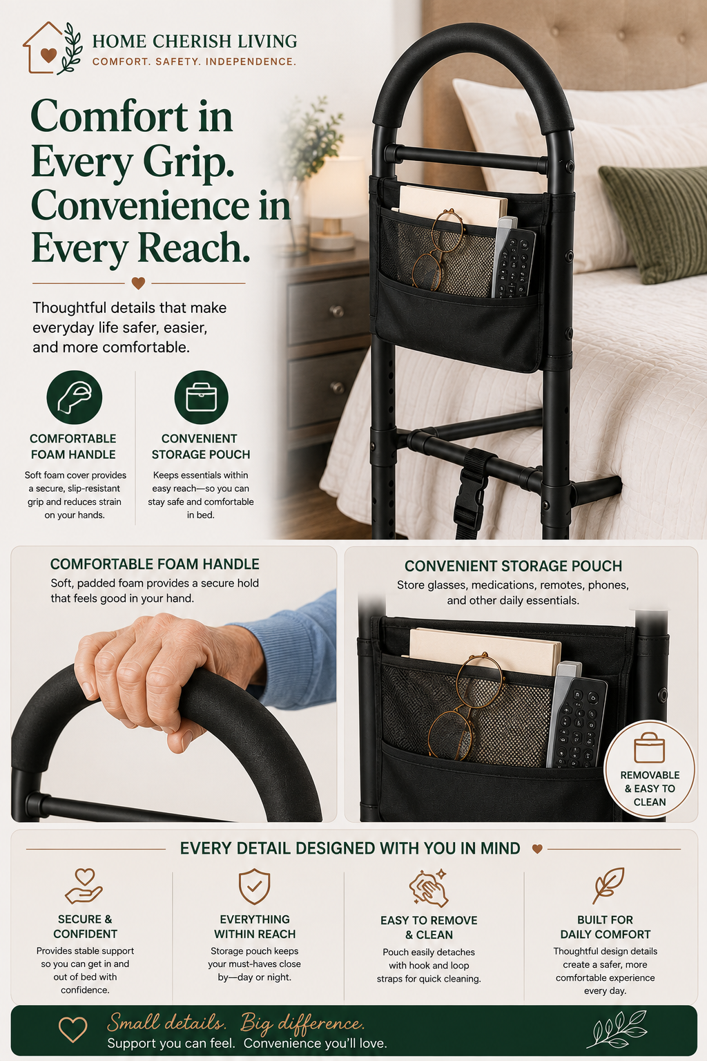 Adjustable Bedside Safety Rail with Storage Pouch