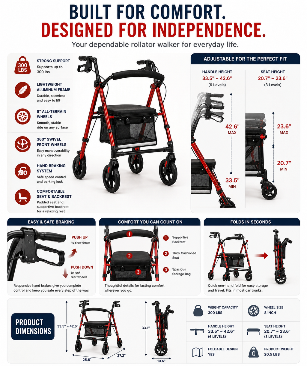 Lightweight All-Terrain Rollator Walker with Seat – 300 lb Capacity