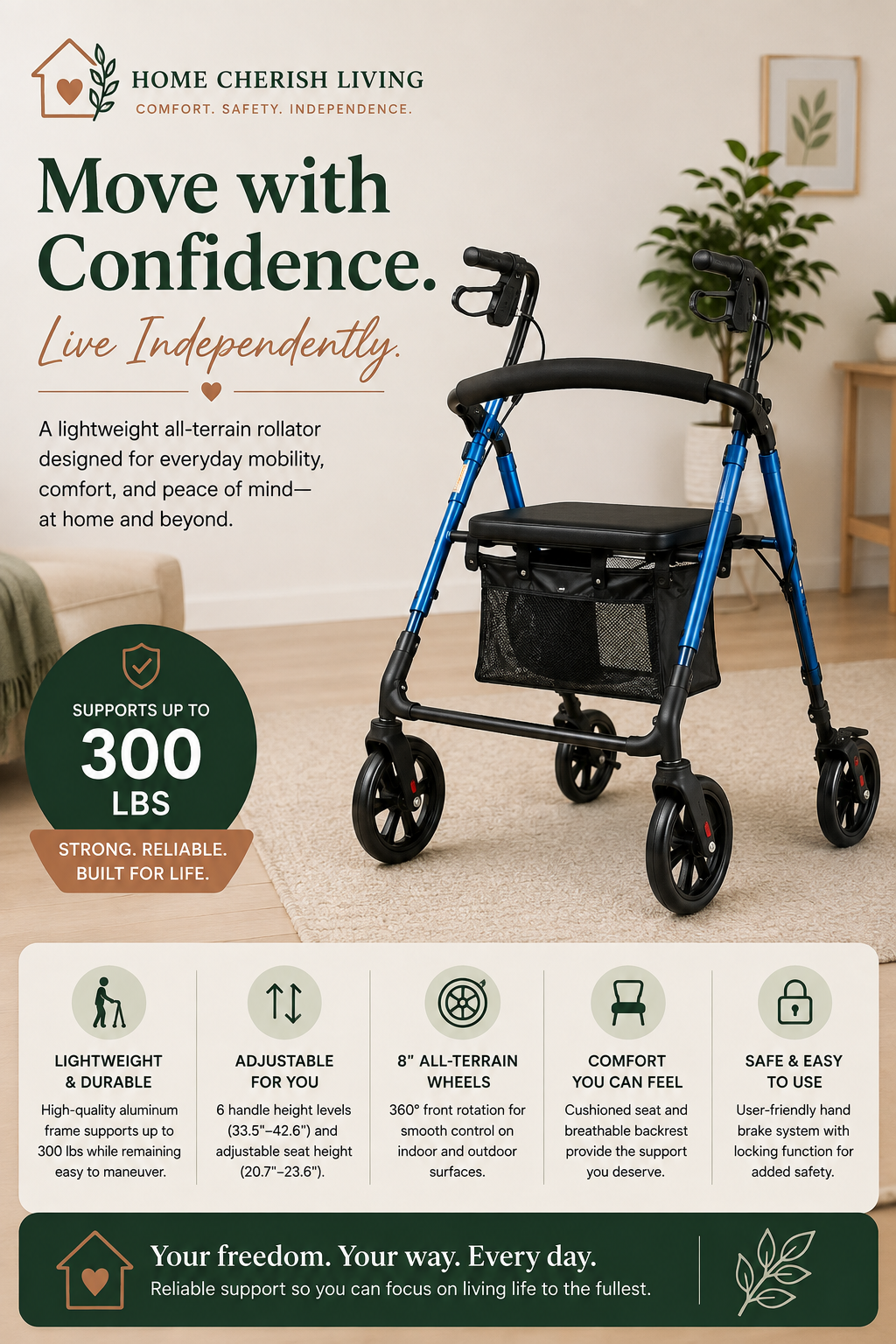 Lightweight All-Terrain Rollator Walker with Seat