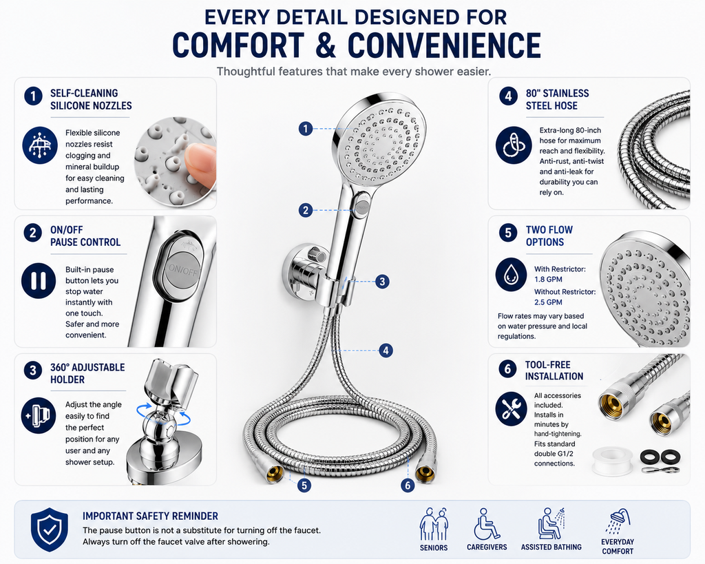 Easy-Reach Handheld Shower Head with 80” Hose