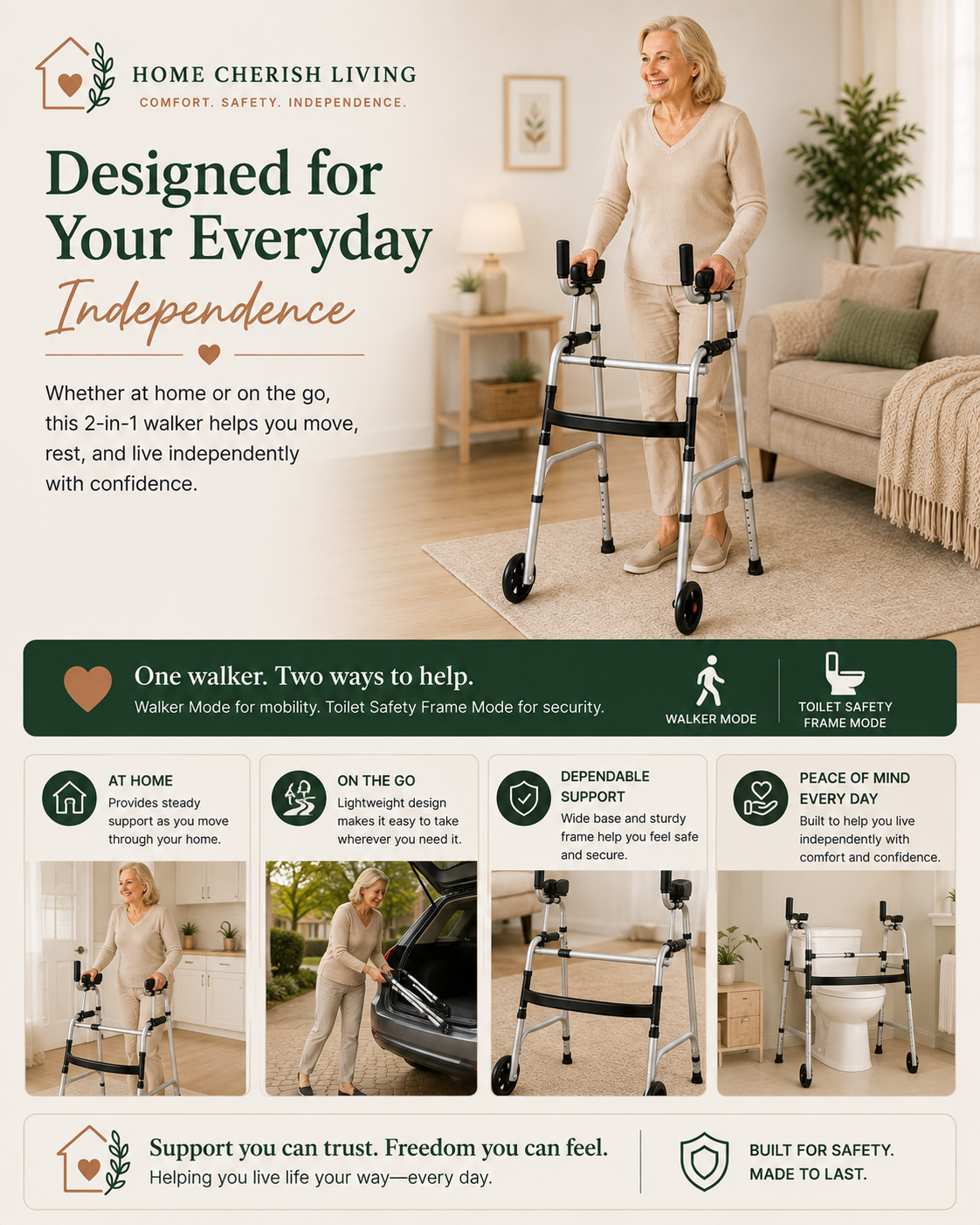 2-in-1 Folding Support Walker & Toilet Safety Frame