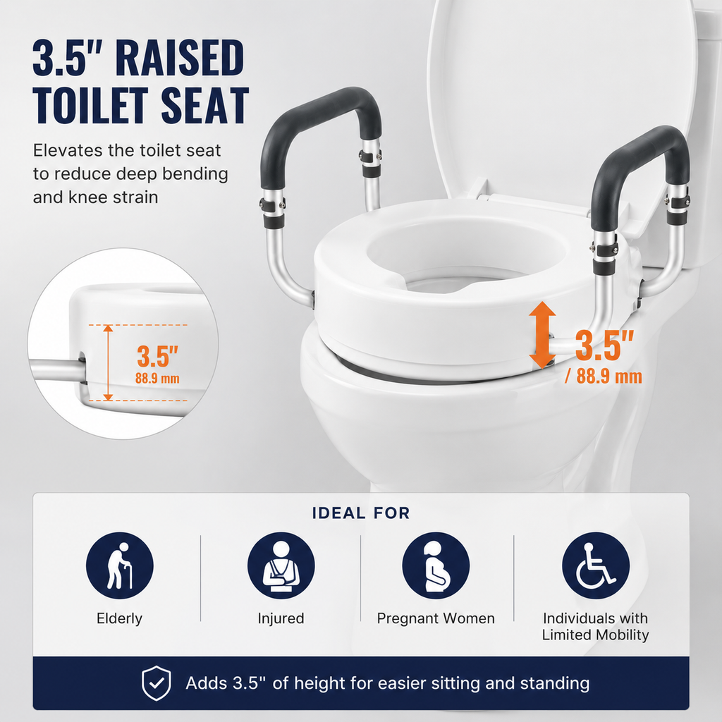 3.5” Raised Toilet Seat with Padded Support Arms – 300 lb Capacity