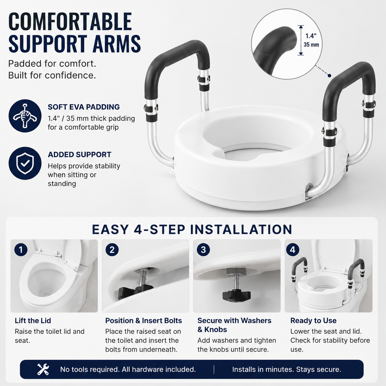 3.5” Raised Toilet Seat with Padded Support Arms – 300 lb Capacity