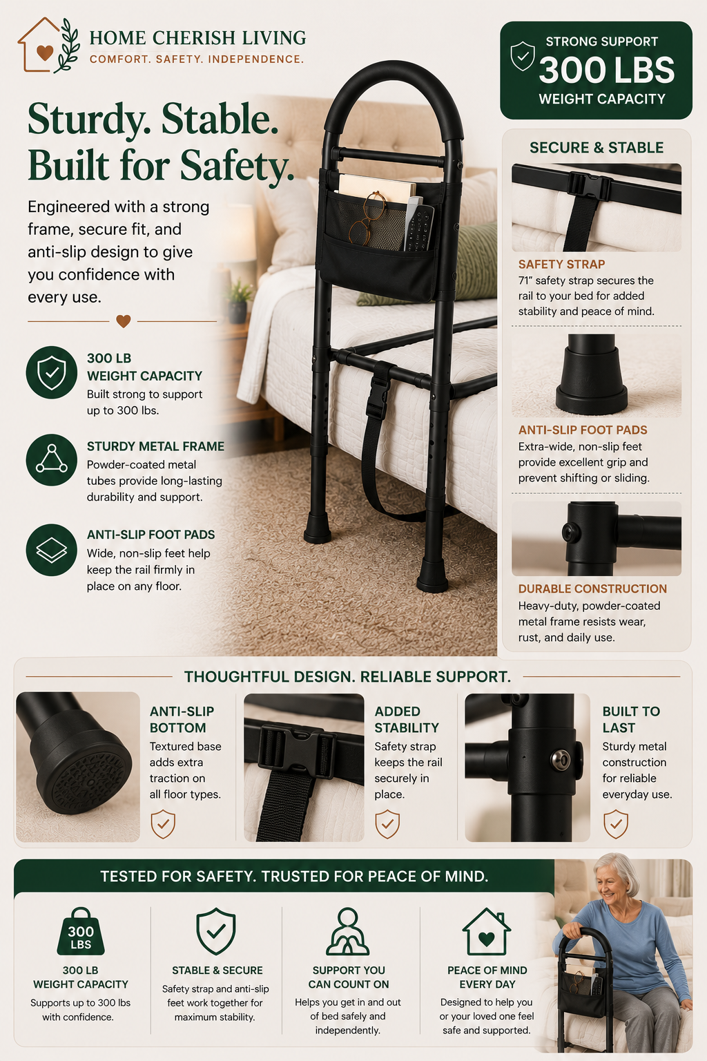 Adjustable Bedside Safety Rail with Storage Pouch