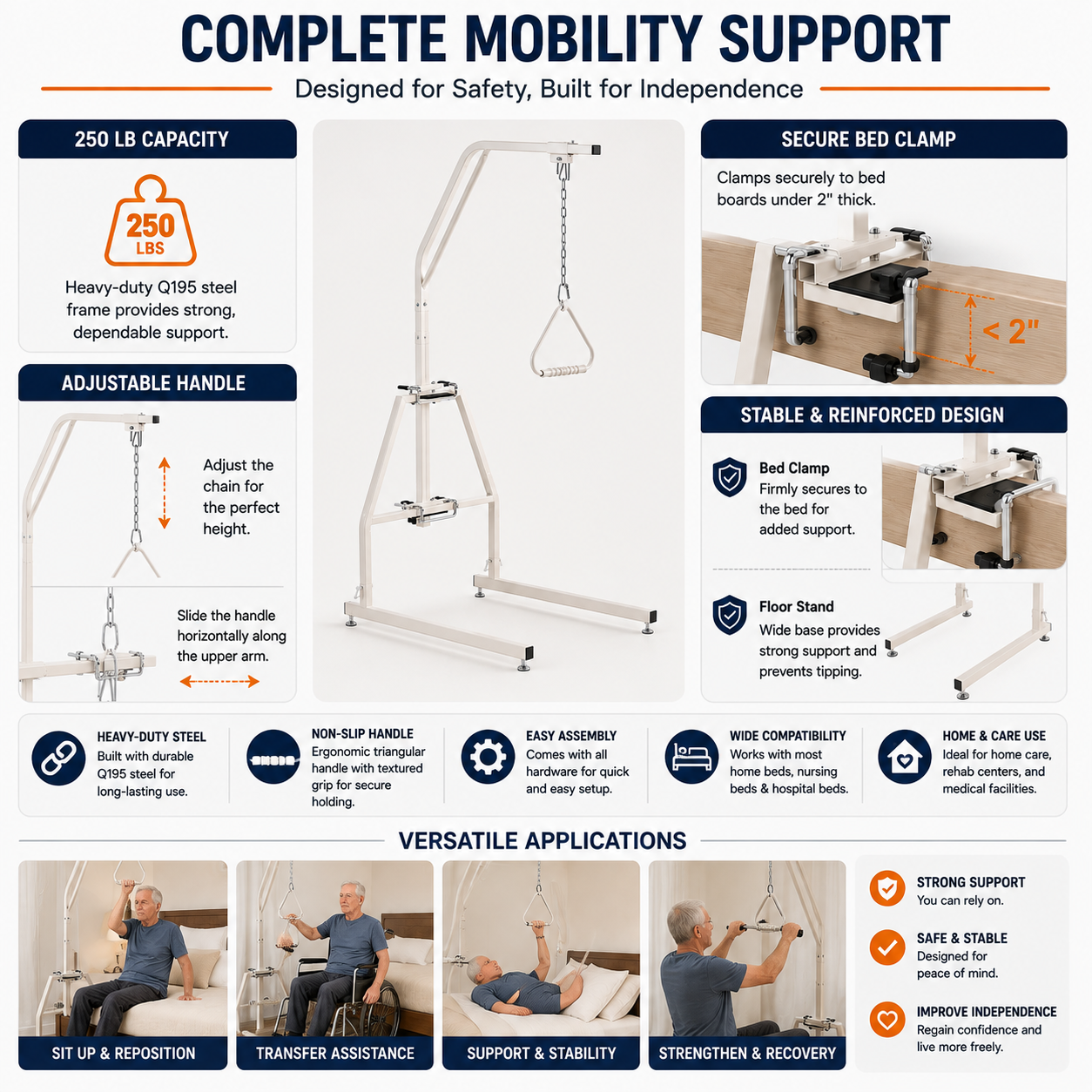 Bed Mobility Trapeze Assist Bar with Floor Stand – 250 lb Capacity