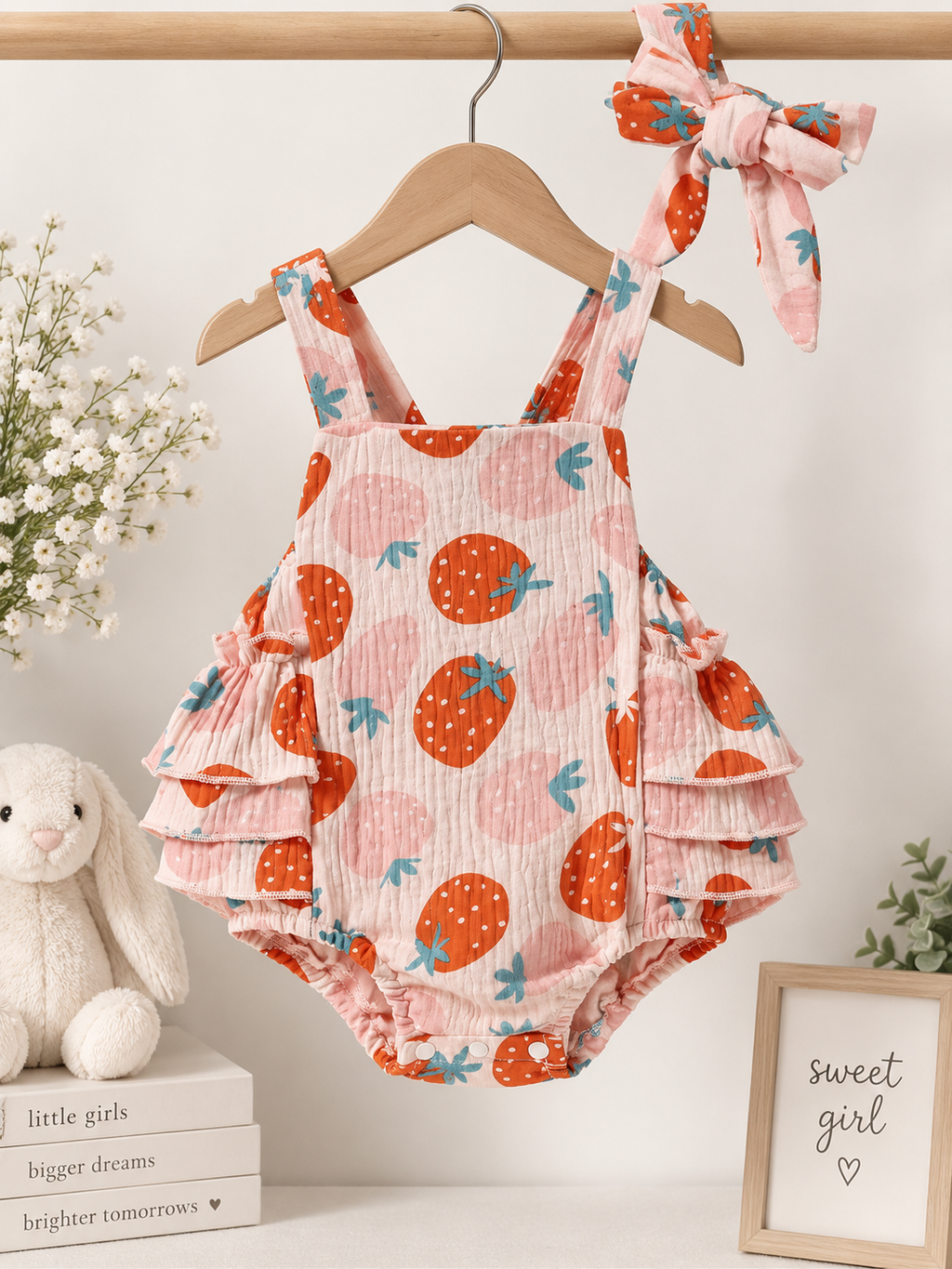 The Strawberry Sweetheart Ruffle Romper w/Headband